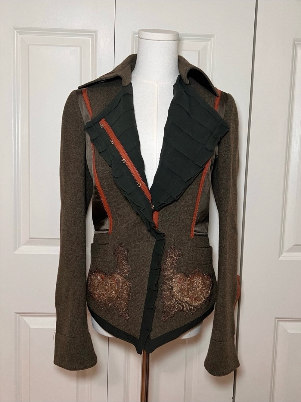 Roberto Cavalli vintage 2005 green wool leather trim jacket